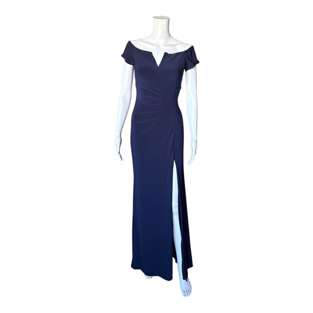 Xscape Navy Off Shoulder Ruched Side Slit Maxi Formal Gown Dress Size 4